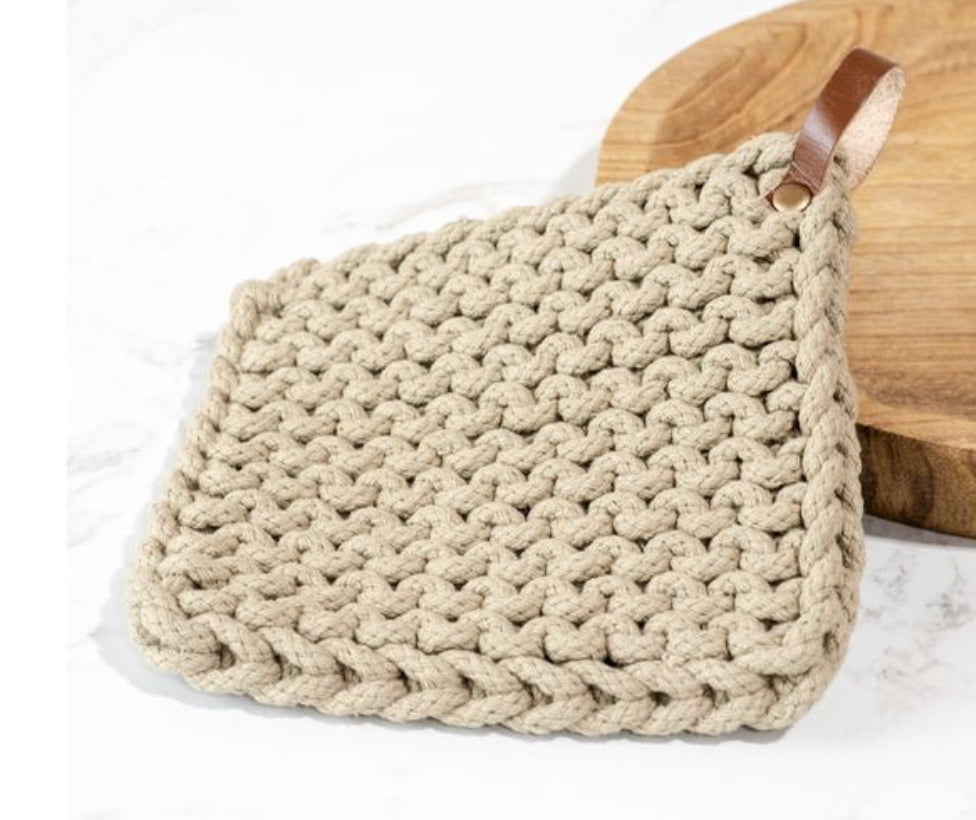 POPULAR! LEATHER STRAP KNIT POT HOLDER - TAUPE