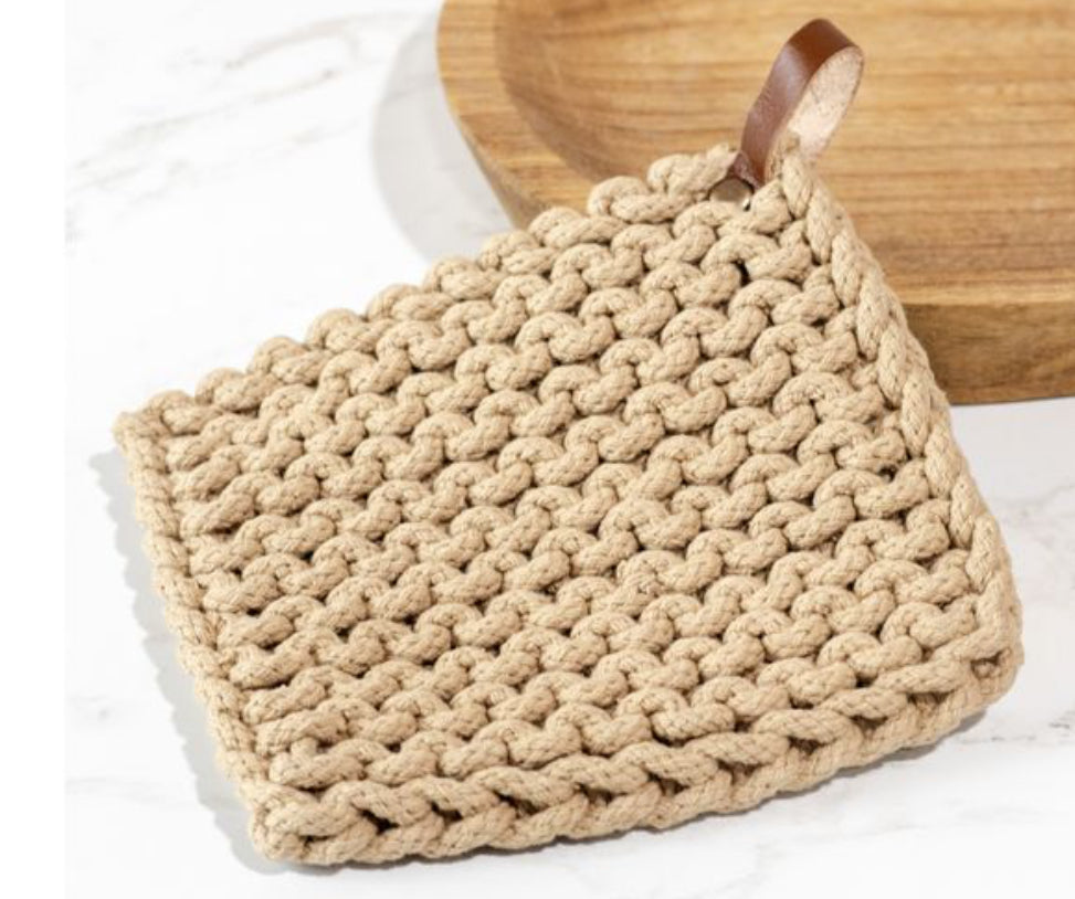 POPULAR! LEATHER STRAP KNIT POT HOLDER - CAMEL