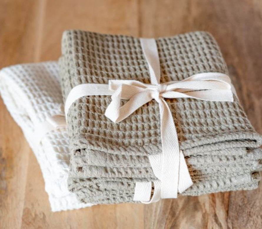 WHITE & OLIVE WAFFLE TOWEL SET