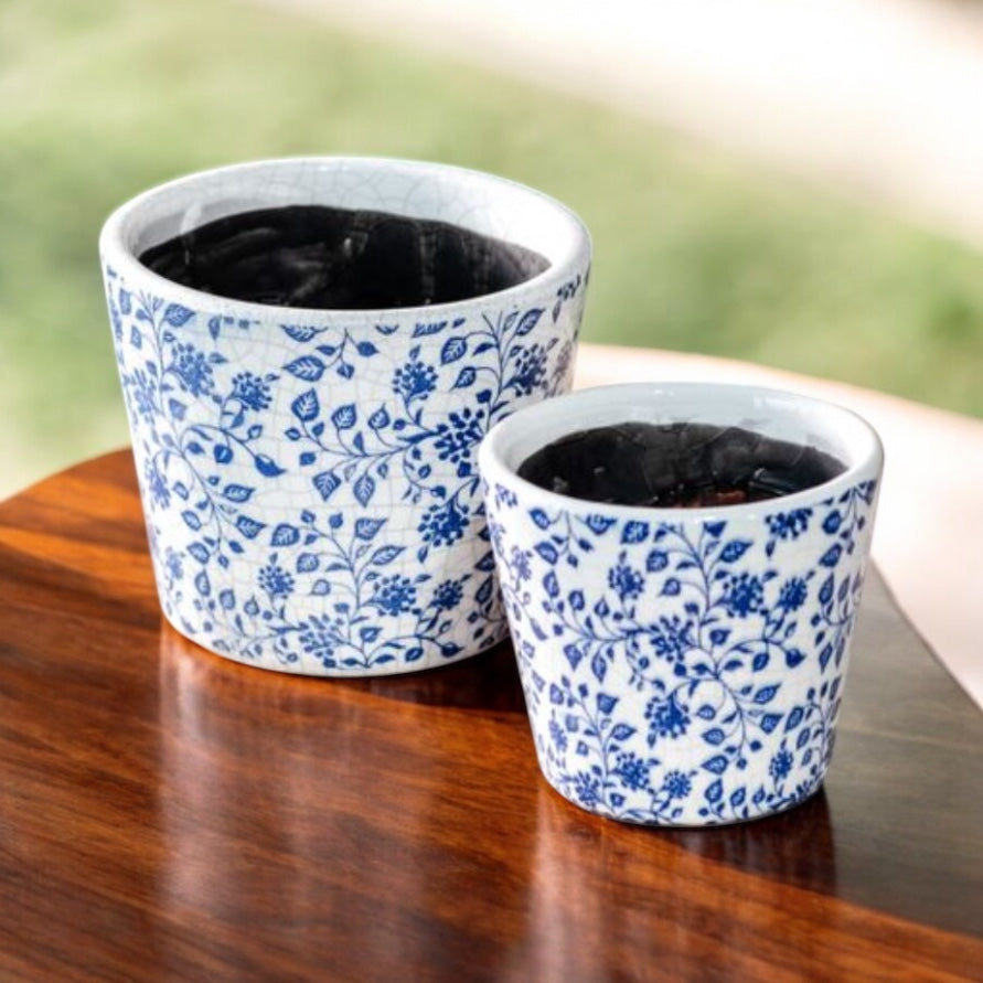 BLUE BERRY LEAF PRINT POT-SET OF 2