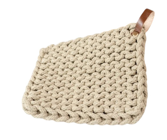 POPULAR! LEATHER STRAP KNIT POT HOLDER - TAUPE