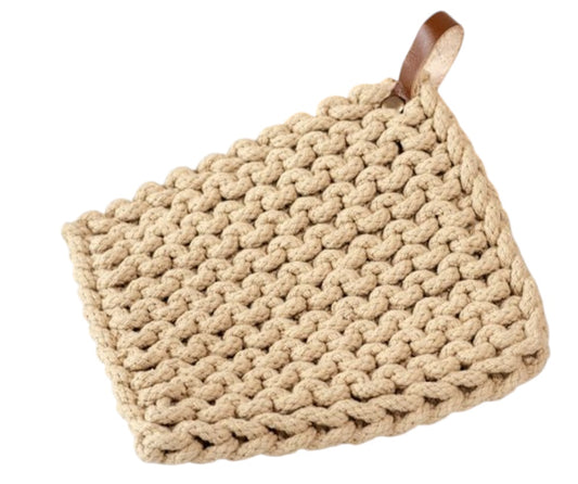 POPULAR! LEATHER STRAP KNIT POT HOLDER - CAMEL