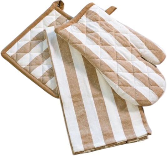 BEIGE STRIPE SET- OVEN MITT, POT HOLDER, & TOWEL