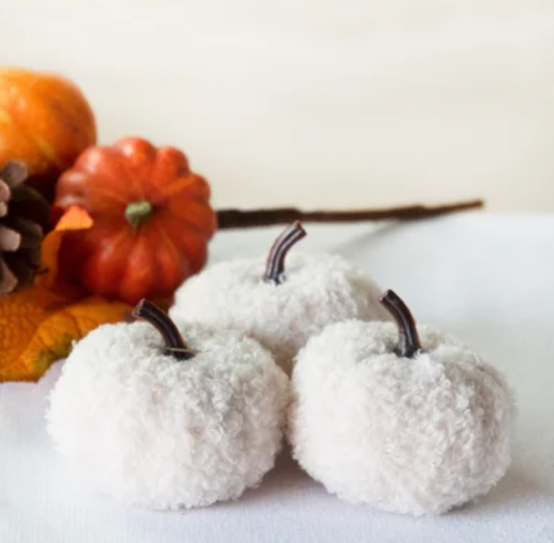 WHITE TEDDY CLOTH MINI PUMPKINS- SET OF 3