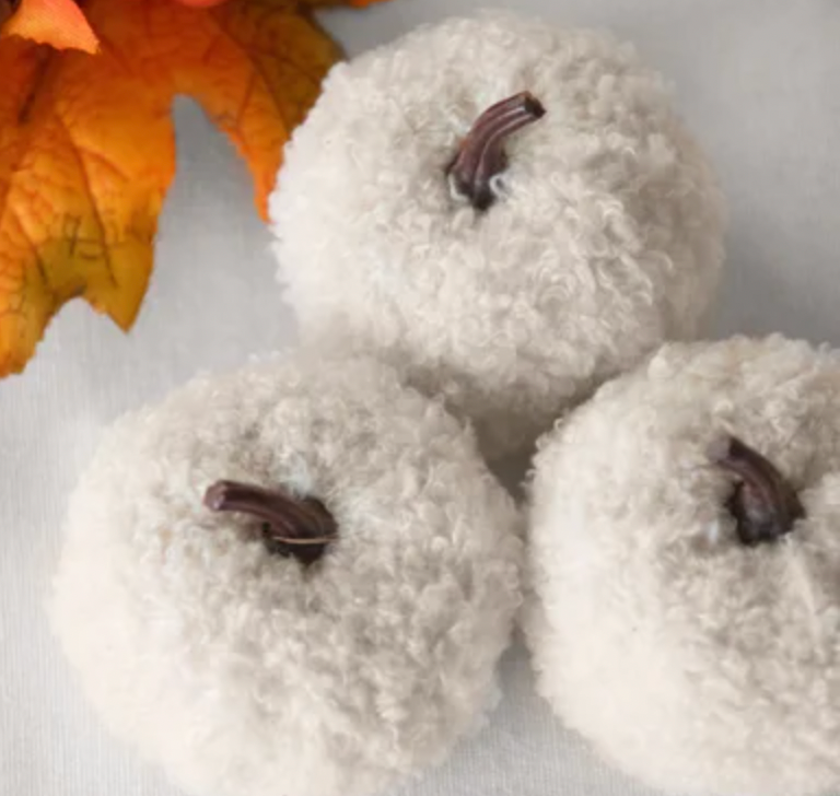 WHITE TEDDY CLOTH MINI PUMPKINS- SET OF 3