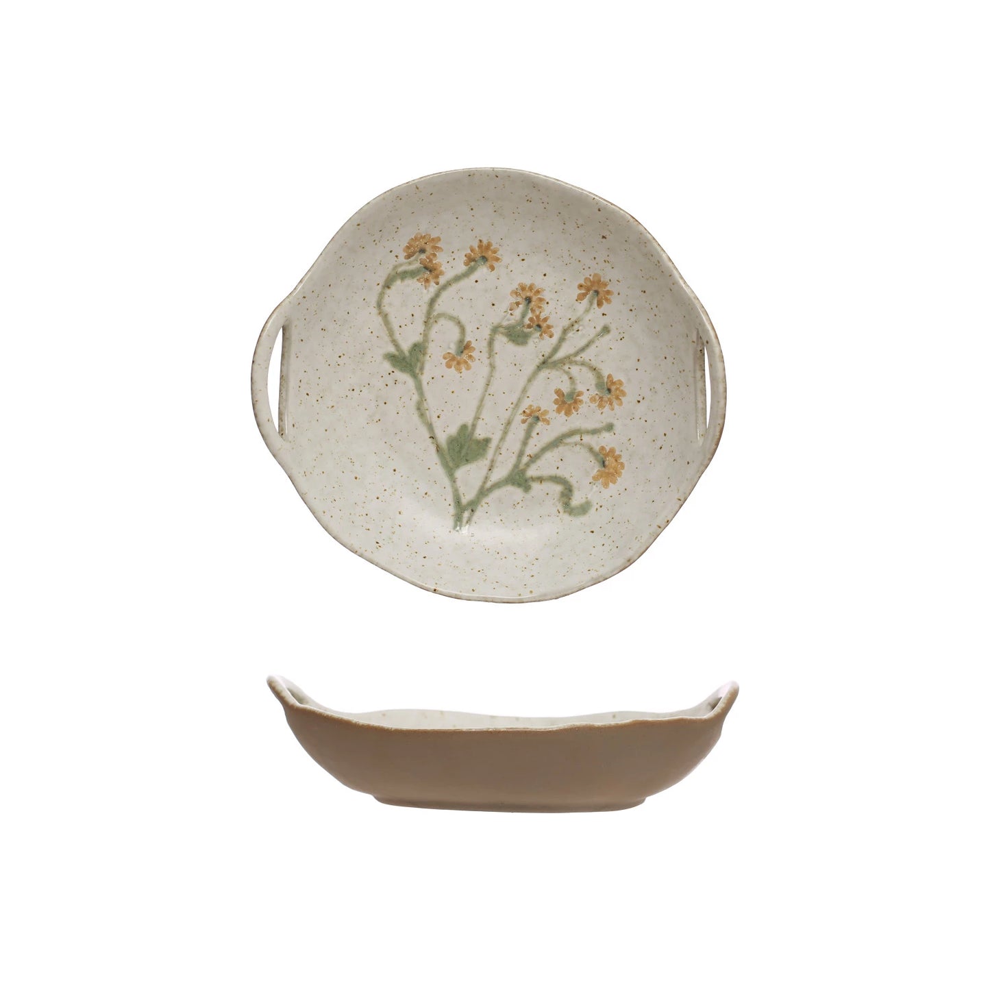 HAND PAINTED STONEWARE BOWL WITH HANDLES AND BOTANICALS