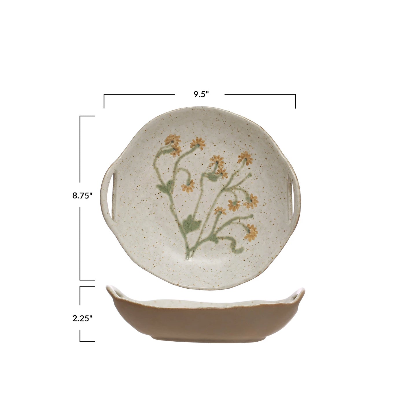 HAND PAINTED STONEWARE BOWL WITH HANDLES AND BOTANICALS