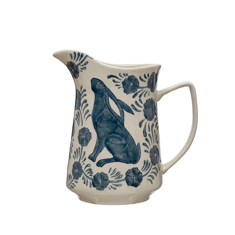 3 QUART HAND PAINTED RABBIT PITCHER- BLUE & WHITE