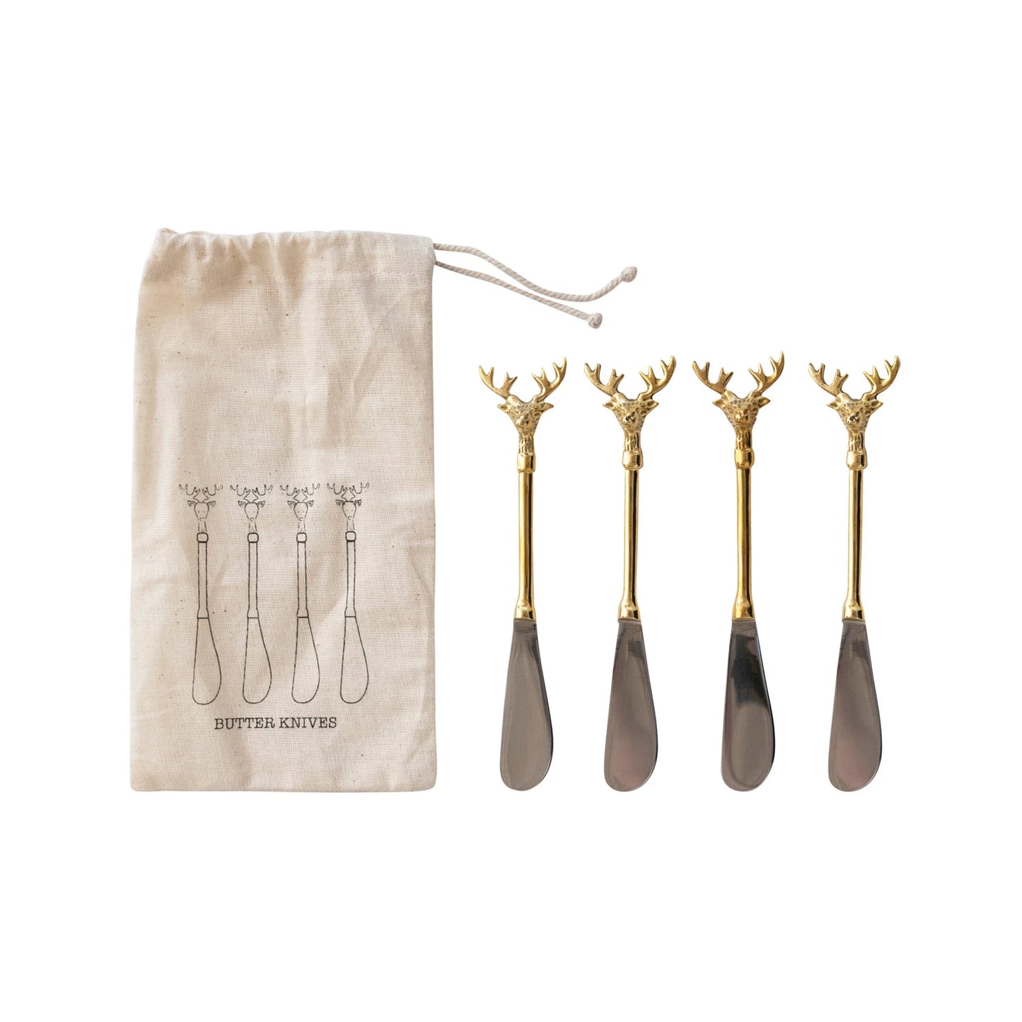 STAINLESS STEEL AND BRASS REINDEER CANAPE KNIVES- SET OF 4