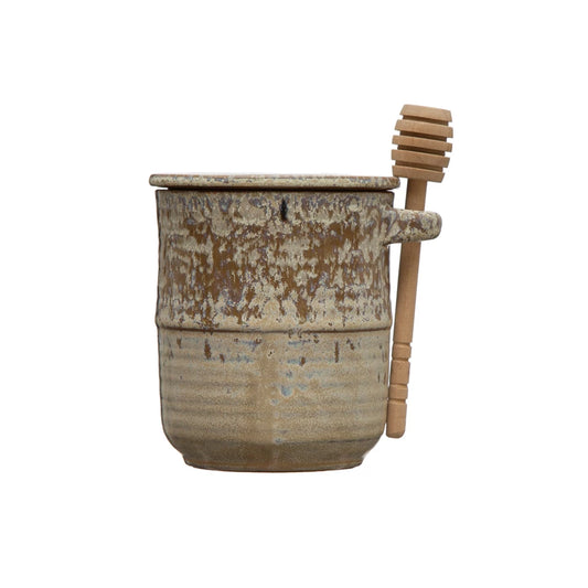 STONEWARE HONEY JAR WITH WOOD HONEY DIPPER