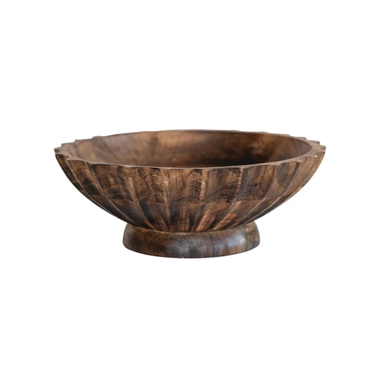 9.5" ROUND HAND CARVED MANGO WOOD FOOTED BOWL WITH SCALLOPED EDGE