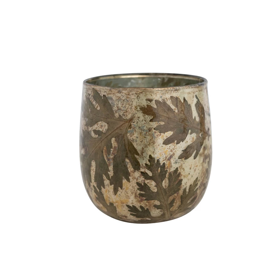 MERCURY GLASS VOTIVE HOLDER WITH EMBEDDED NATURAL OAK LEAVES