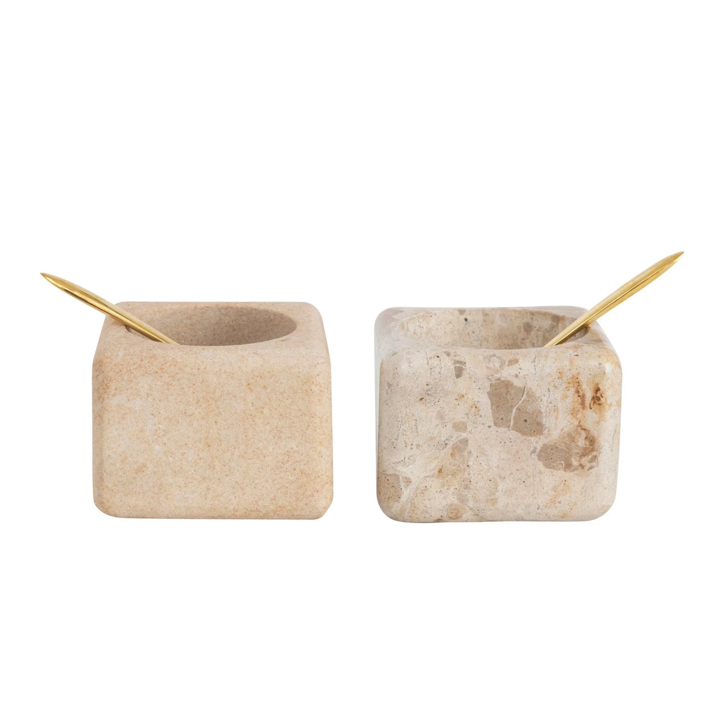 MARBLE/SANDSTONE PINCH POT WITH BRASS SPOON, SET OF 2