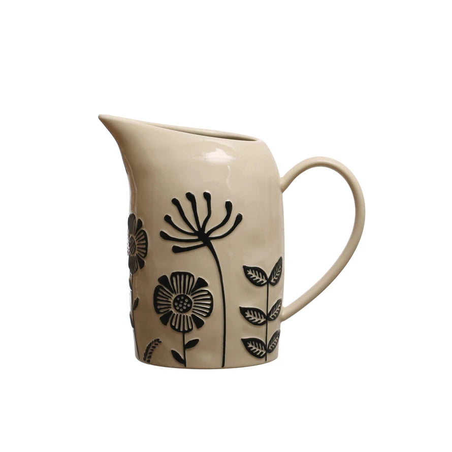 HAND PAINTED STONEWARE PITCHER w/ EMBOSSED FLOWERS- 62 OZ.