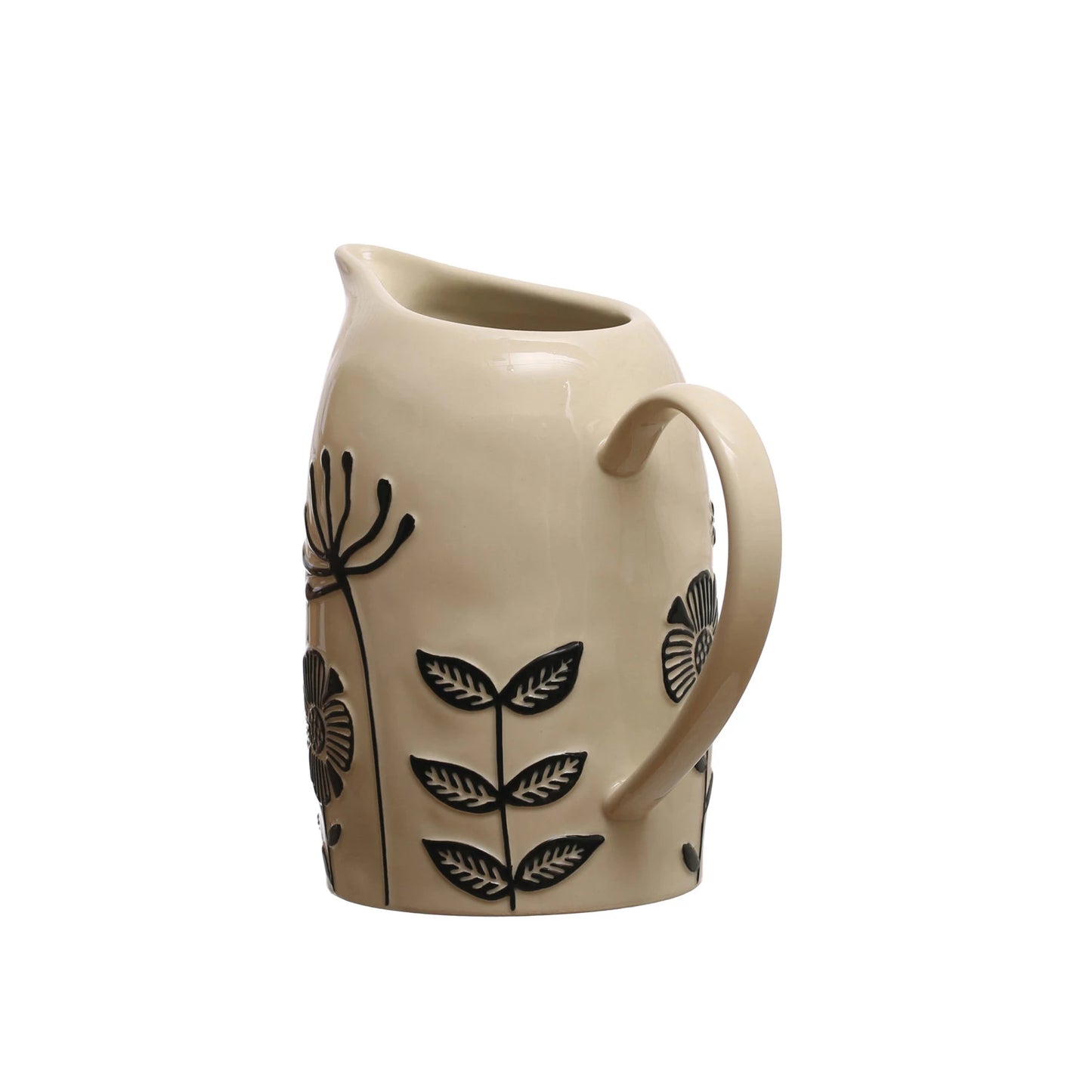 HAND PAINTED STONEWARE PITCHER w/ EMBOSSED FLOWERS- 62 OZ.