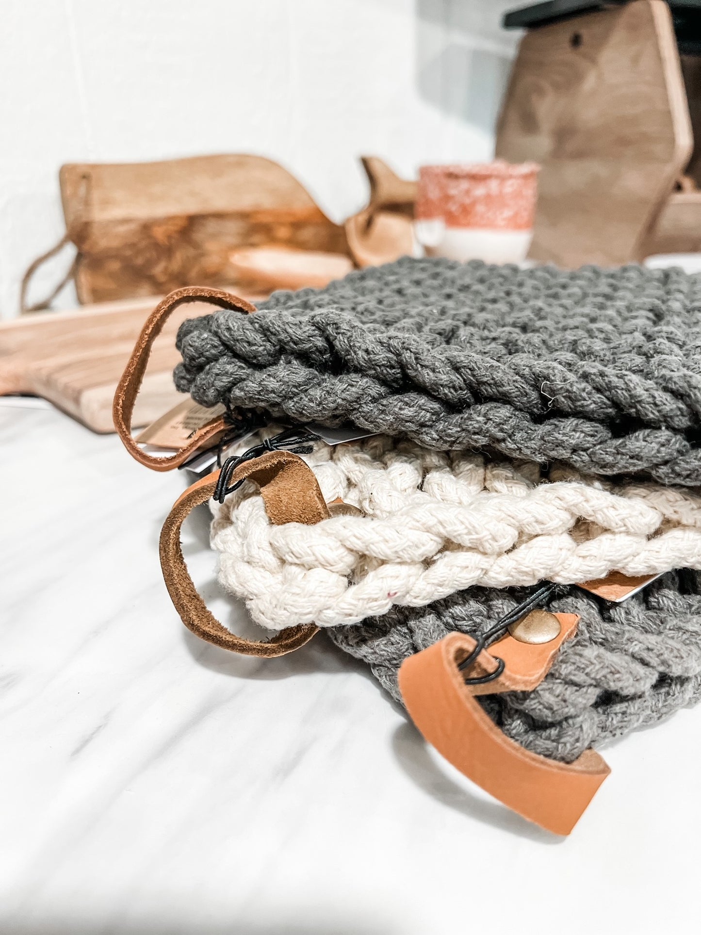 CROCHETED POT HOLDER with LEATHER LOOP