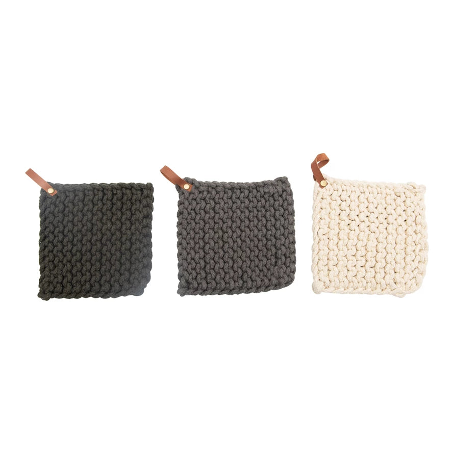 CROCHETED POT HOLDER with LEATHER LOOP