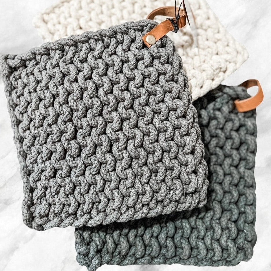 CROCHETED POT HOLDER with LEATHER LOOP