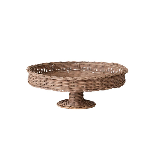 HAND WOVEN RATTAN PEDESTAL WITH BRAIDED TRIM