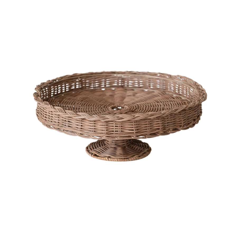 HAND WOVEN RATTAN PEDESTAL WITH BRAIDED TRIM