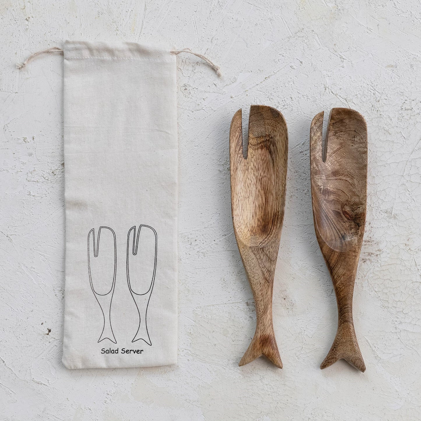 MANGO WOOD WHALE SALAD SERVERS, SET OF 2, IN DRAWSTRING BAG