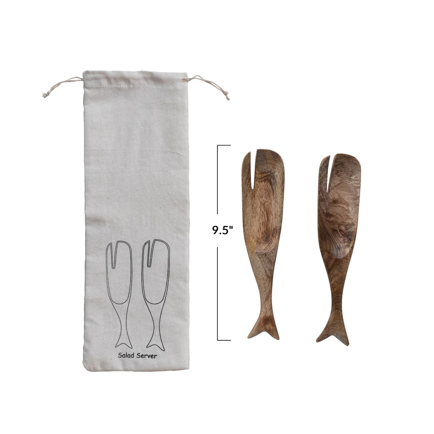 MANGO WOOD WHALE SALAD SERVERS, SET OF 2, IN DRAWSTRING BAG